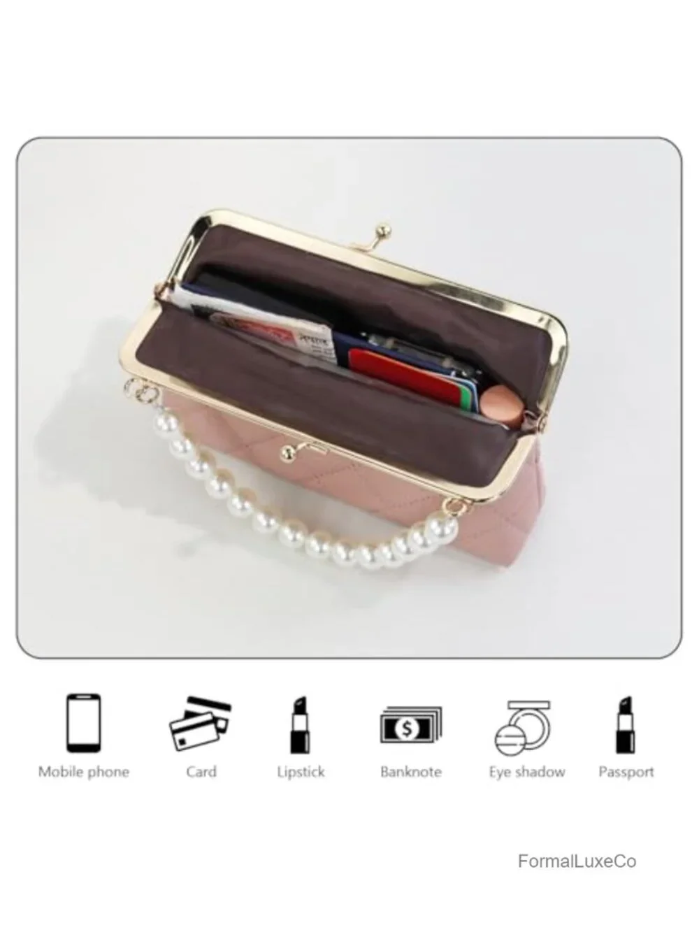 Quilted Faux Leather Crossbody Bag with Pearl Handle, Detachable Chain Strap,